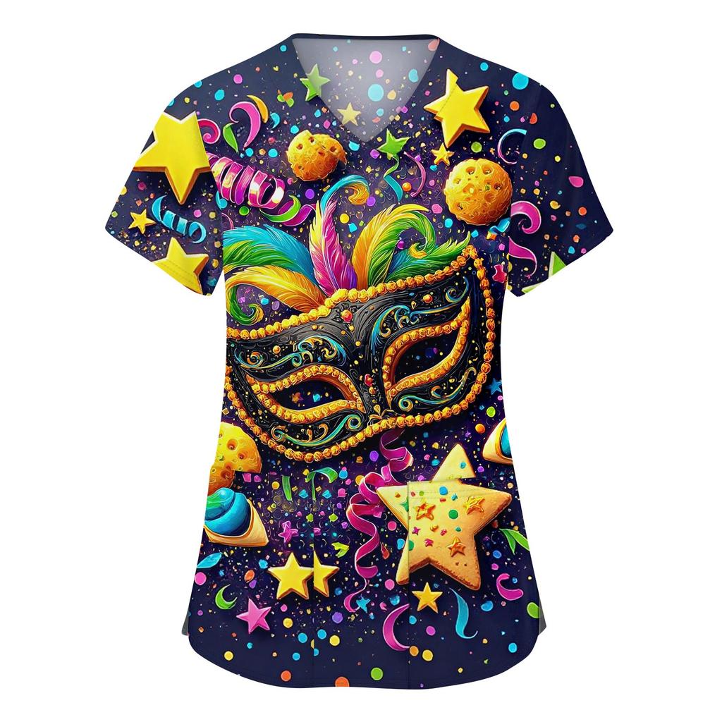 Modische Arbeitskleidung für Damen mit V-Ausschnitt, kurzen Ärmeln und bedruckten Taschen