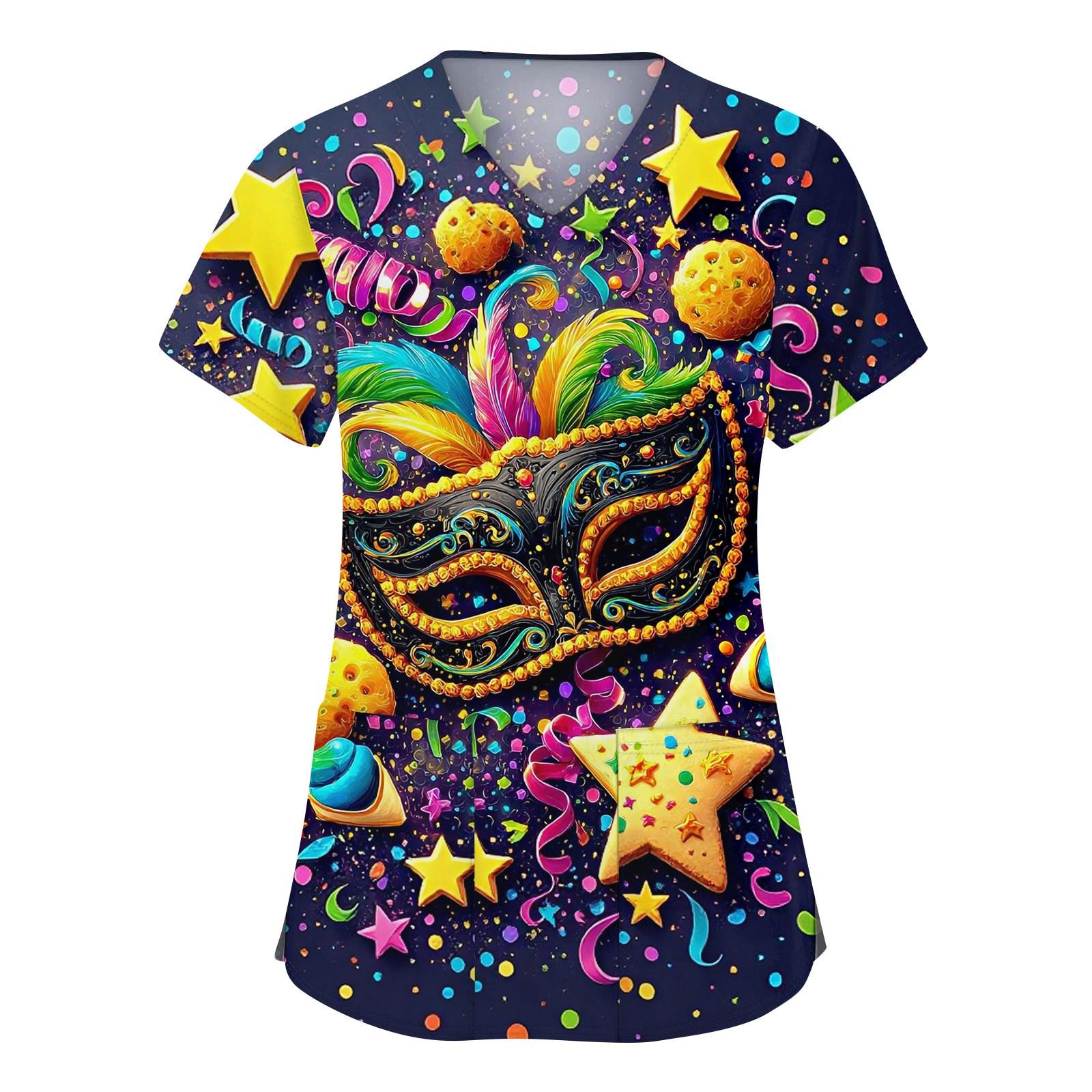 

Women s Fashion V-neck Short Sleeve Workwear With Pockets Printed Tops XXXL