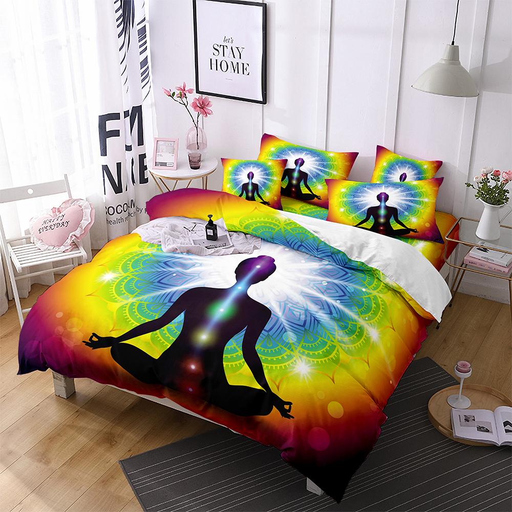 Yoga Duvet Cover King Queen Chakra Meditation Bedding Set Blue Mandala Boho Hippie Style With Chakra Art microfiberQuilt Cover