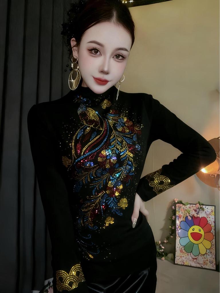 De Rong Women's Rhinestone Long-Sleeve T-Shirt - Autumn/Winter, Base Layer, Half-High Collar, Elegant and Stylish