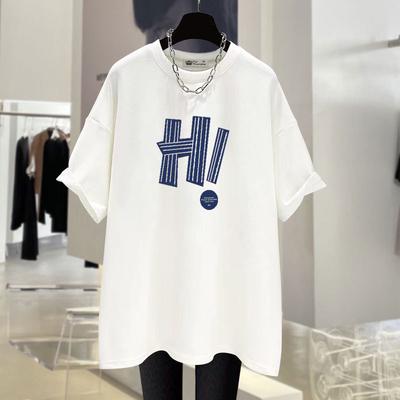New Summer Korean Style Hong Kong Style Design Letter Trendy Large Version Loose Gray Short-sleeved T-shirt for Women Mid-length