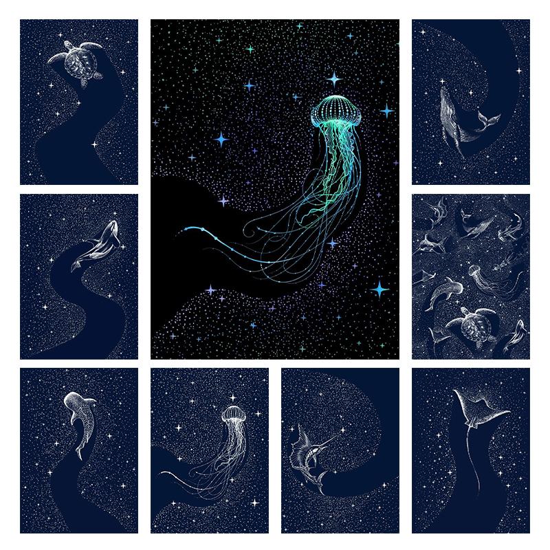 Cosmic Ocean Animals Starry Jellyfish Turtle Canvas Painting Nordic Wall Art For Living Room Home Decoration Frameless