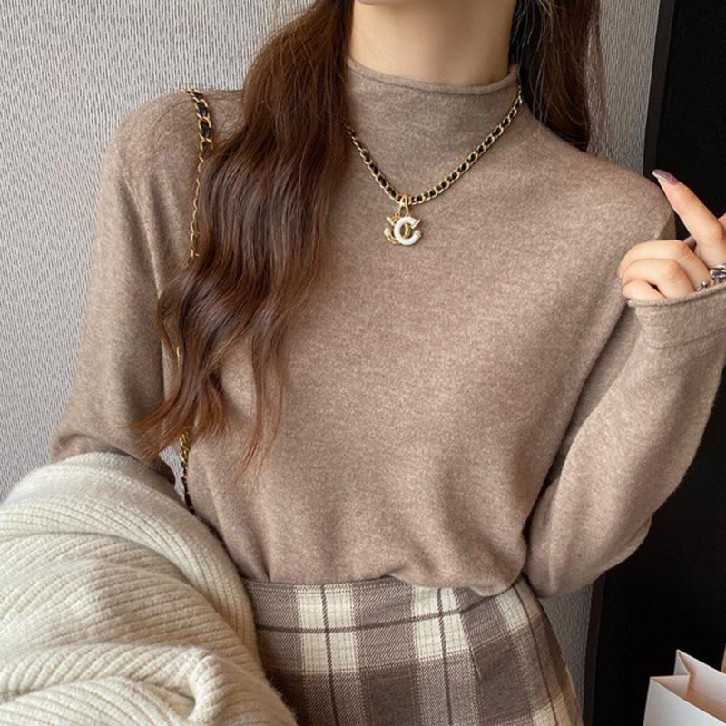 Ladies autumn winter Long Sleeve stand Collar slim fit Basic Solid Color Pullover T Shirt Top for Layering