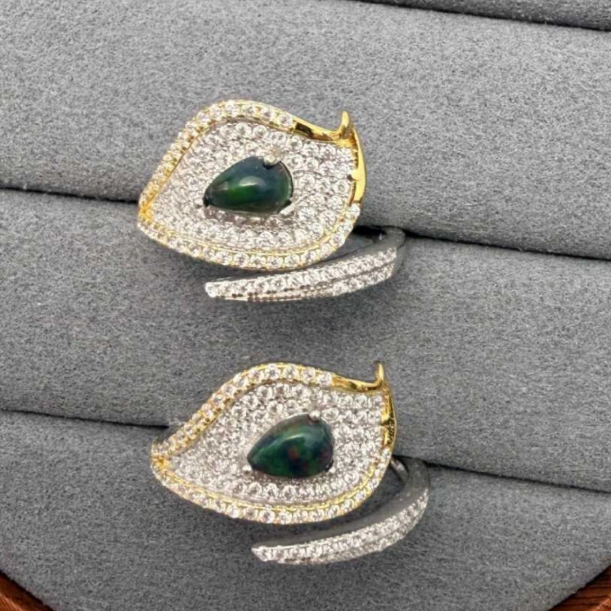 

S925 Silver Opal Ring with Full Diamonds & Double Gold Teardrop Leaf Design Adjustable