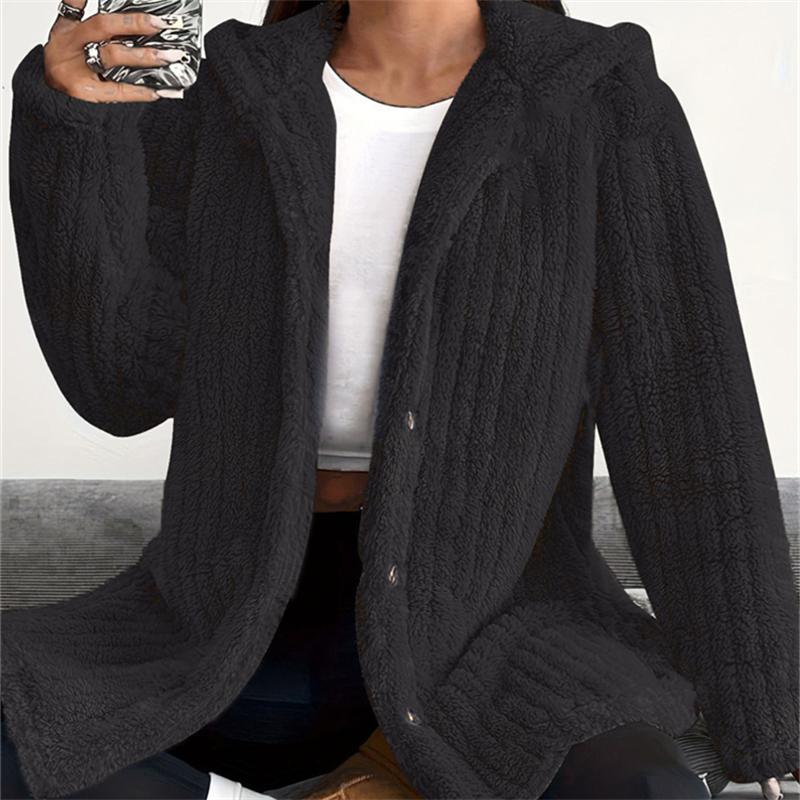 Women's Winter Long Female Warm Loose Plush Hooded Thick Coat Jacket Button Hooded Loose Coat Winter Outerwear