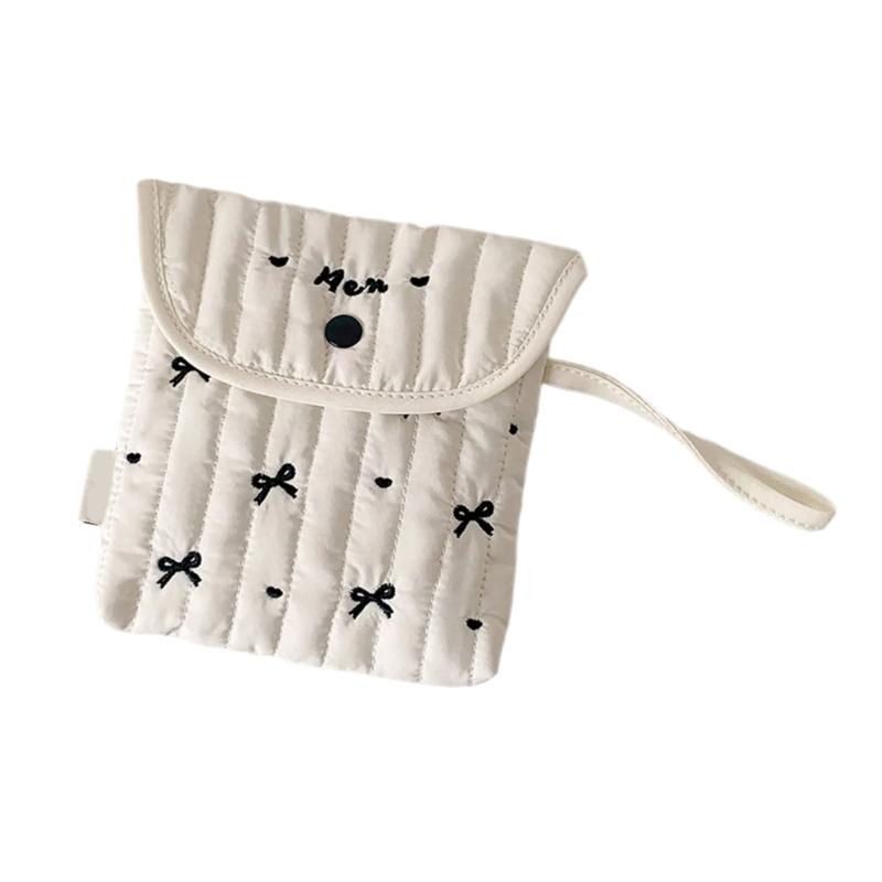 Stylish Cotton Polyester Period Essential Bag With Decorative Bows Design Compact Cosmetic Organizer For Women Girls