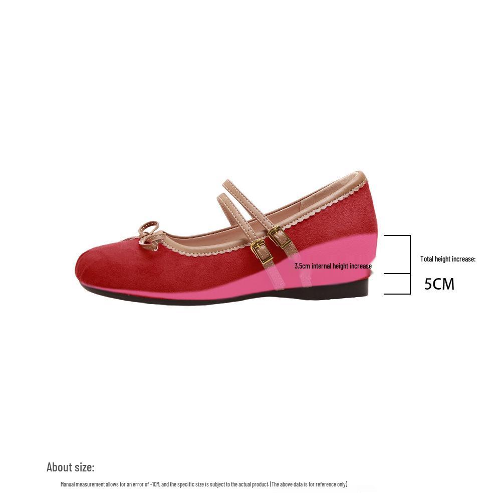 

2025 New Suede Bow Ballet Flats with 5cm Hidden Heel, Double Buckle, Pleated Mary Jane Design 35