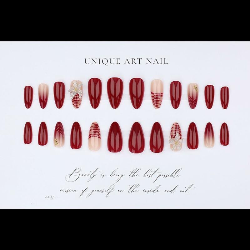 Christmas Wine Red False Nail For Formal Event Sculpted 3D Flower Comfortable Almond Shape Artificial Nail