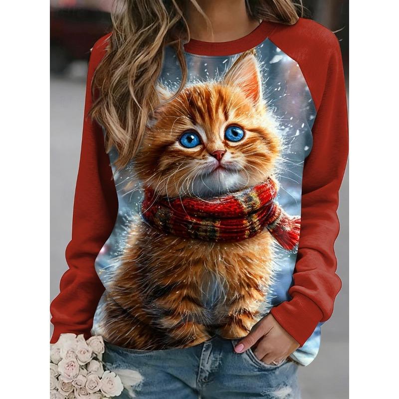 Christmas Women's Sweatshirts Cute Cat Graphic Casual Long Sleeve O-Neck Regular Tops