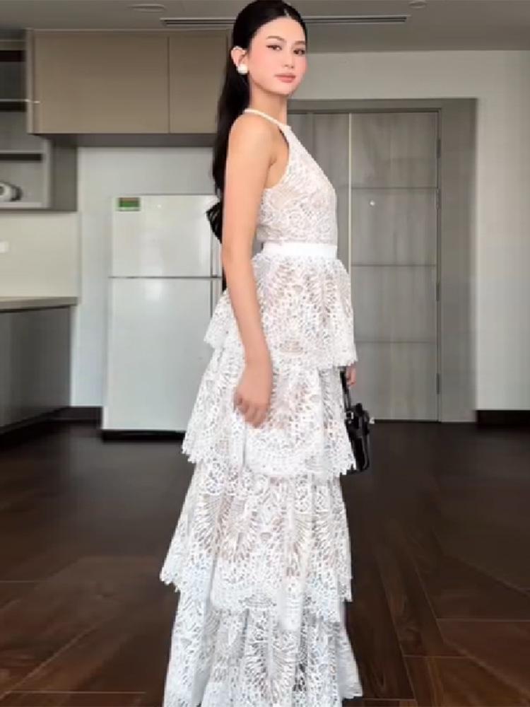 Elegant Sleeveless White Lace Lantern Dress for Women - 2026 Spring Collection