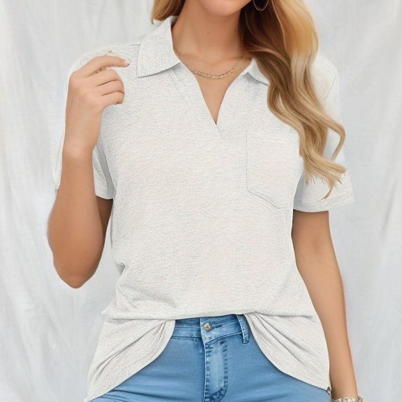 GMXIA Women's Fashion Casual Summer Solid Color Print Short Sleeve V-Neck Blouses & Shirts