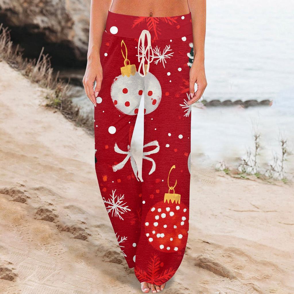 Women's Comfortable Sleeper Pants Christmas Printed Drawstring Wide Leg Pants Casual Pants