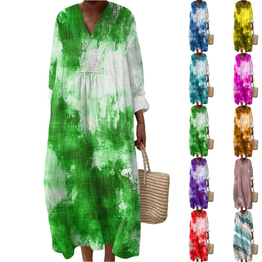Women's Casual Fashion V-Neck Long Sleeve Floral Print Maxi Dress