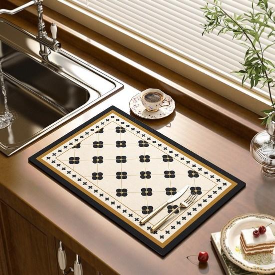 Draining Mat Double-sided Non-slip Fast Water Absorption Anti-scalding Imitation Tile Printing Coffee Machine Draining Pad Kitchen Supply