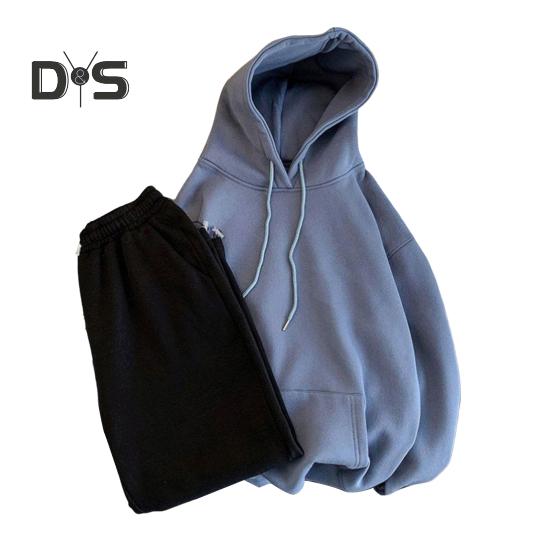 

2 шт./компл. мужской спортивный костюм с капюшоном, длинным рукавом, толстовка с завязками, большими карманами, однотонные спортивные штаны, комплект, универсальный стиль, спортивная одежда L синий