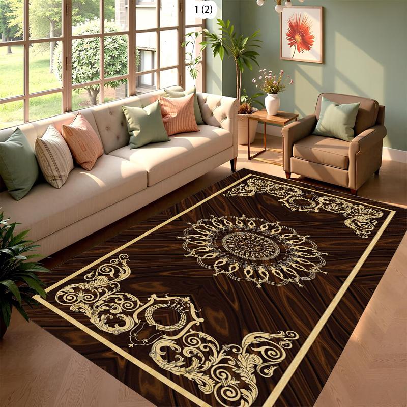 

Vintage Wood Grain Medallion Area Rug for Living Room Luxury Baroque Floral Decorative Floor Carpet with Greek Key Border 40X60CM