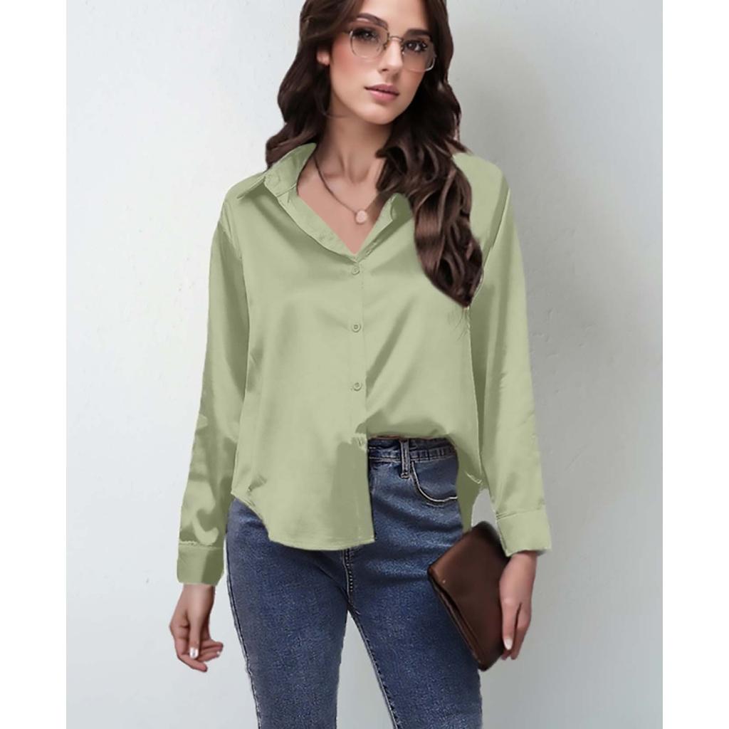 Flip Collar Pleated Long Sleeved Women's Satin Shirt, Elegant and Slim Fit, Suitable for Commuting To Work