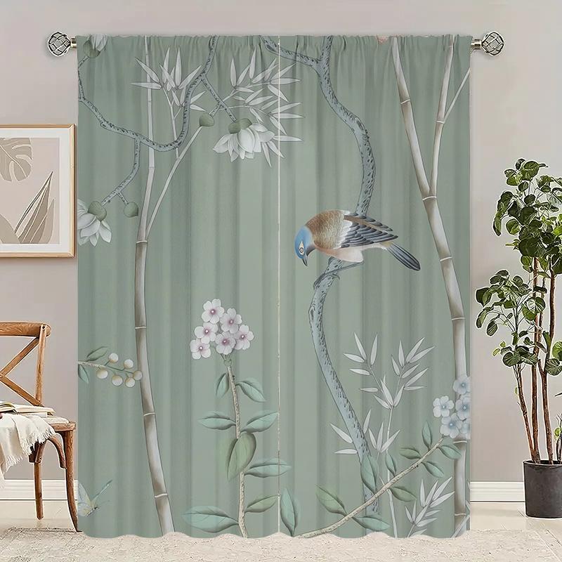 

2Pcs- Tree & Bird - Printed Curtains -100% Polyester For Bedroom Curtains And Living Room Decoration. 23Wx59L(60x150CM)x2