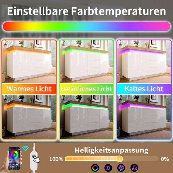 Commode - MUVOE - 81 X 140 X 39 Cm - Éclairage LED - 3 Tiroirs - Blanc Brillant