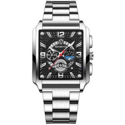 Men's Square Watch with Calendar, Silver: Luminous Analog, Stainless Steel Strap, 3ATM Water Resistance, Three Dummy Dials, Quartz Movement, Fashion