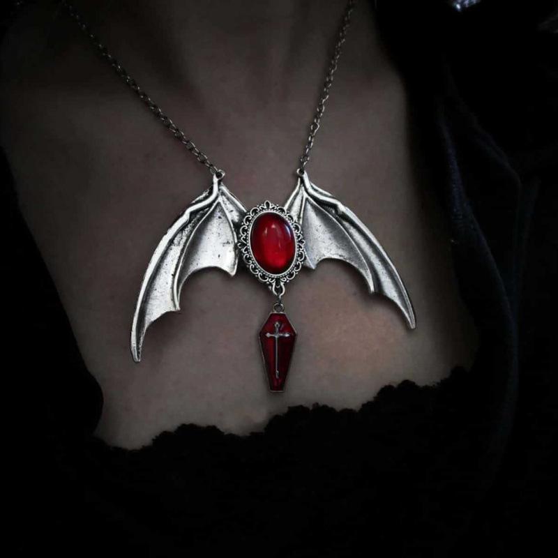 Red Gothic Vampire Bat Pendant Necklace