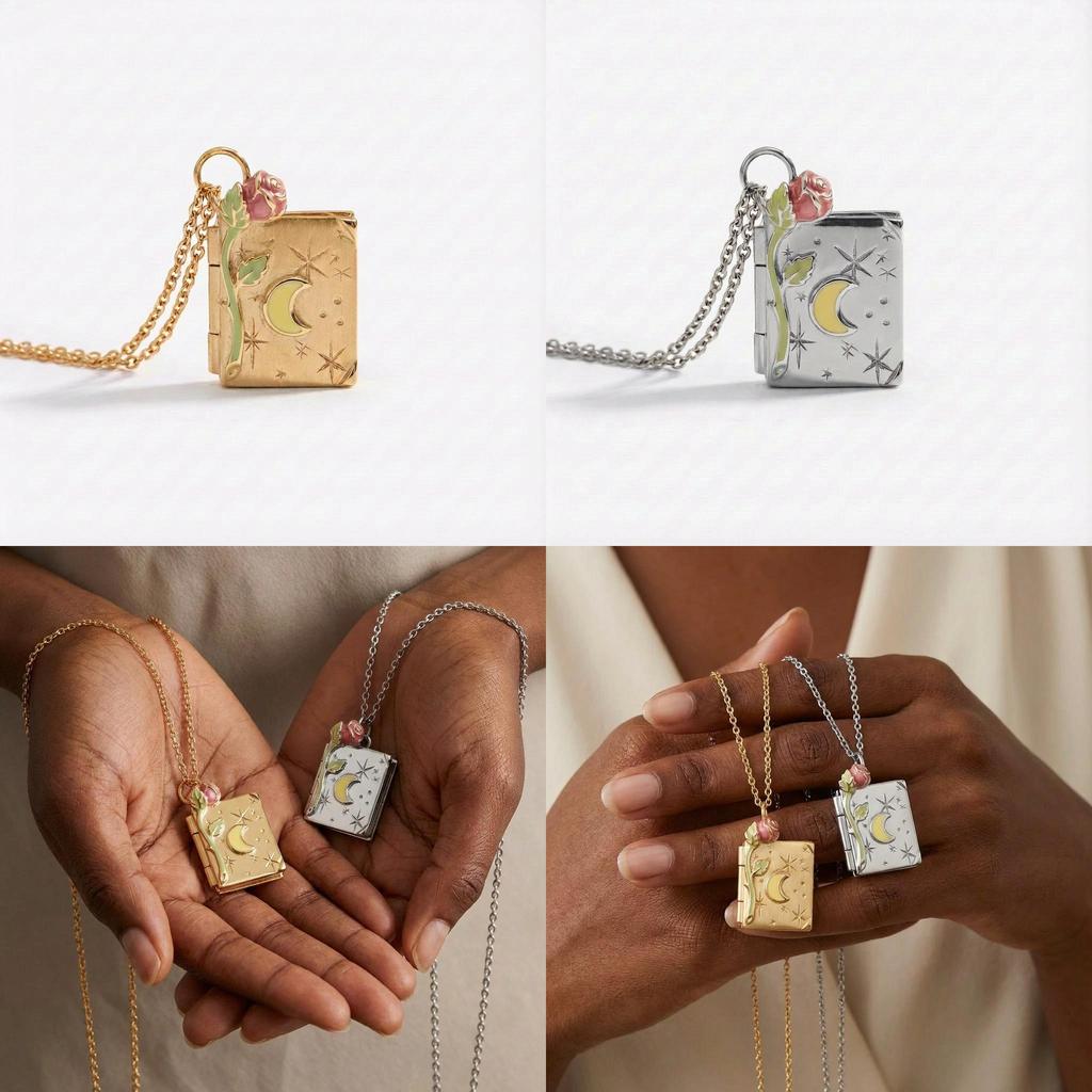 Vintage Book Necklace With Gold And Silver Star Moon Pendant For Women And Men