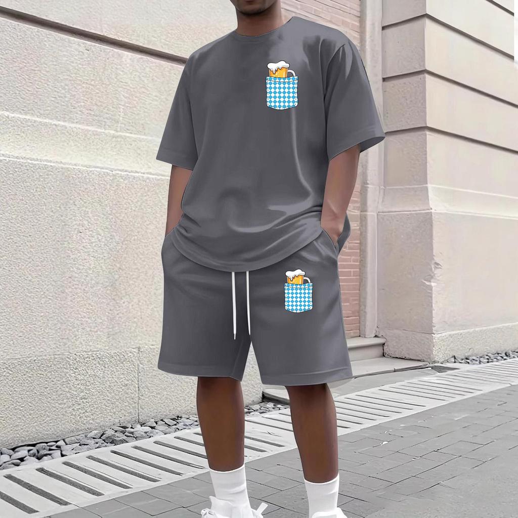 Herren Casual Kurzarm T-Shirt und Shorts Set Rundhalsausschnitt Oberteil und Bund mit Kordelzug Unterteil mit Taschen detail Geeignet für den täglichen Gebrauch