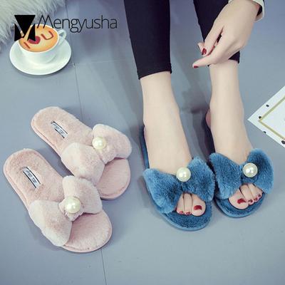 Fashion Women Indoor Furry Slippers Girls Big Pearl Bow-knot Fur Slides Ladies Plush Winter Shoes Cozy Warm Home Cotton Pantuflas