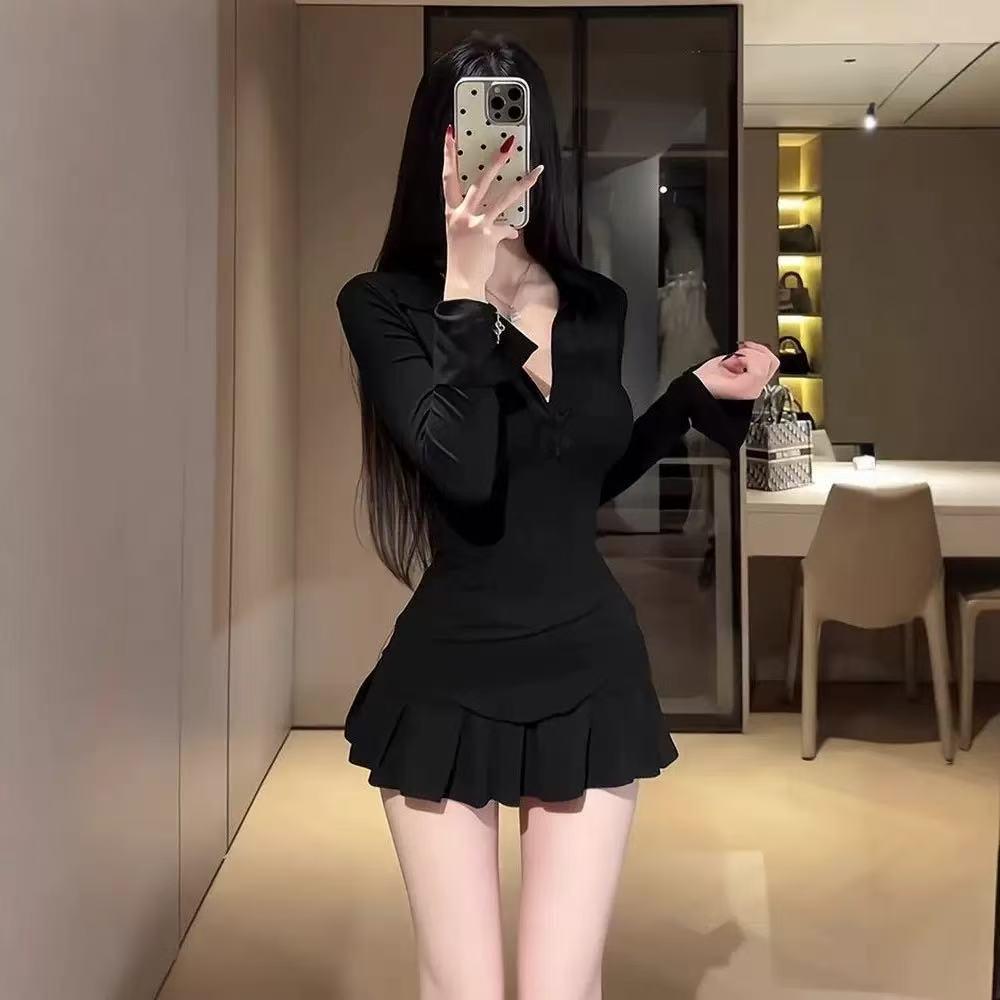 Elegant Deep V-Neck Long-Sleeve Top & High-Waisted Pleated Skort Set