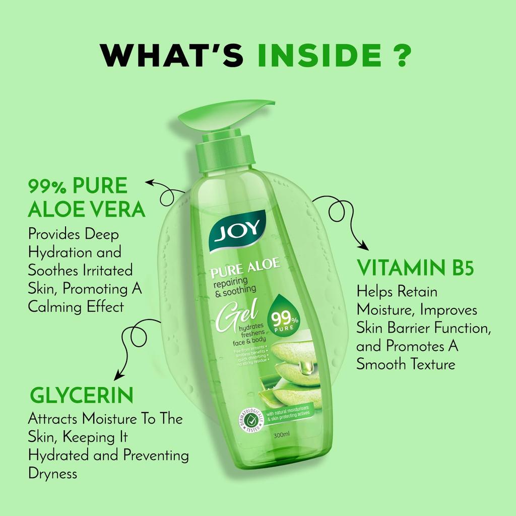 JOY Pure Aloe Vera Gel for Face & Body 300ml | Hydrating Non Sticky Quick Absorbing Skin Moisturiser