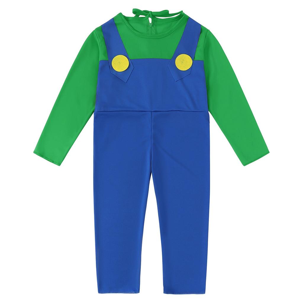 Klassisches Super Mario Kostüm für Kinder, Party Chili, Rollenspiel, Karneval, Weihnachten, Halloween, mit Hut und Bart, Grün, Größe S, 3-4 Jahre