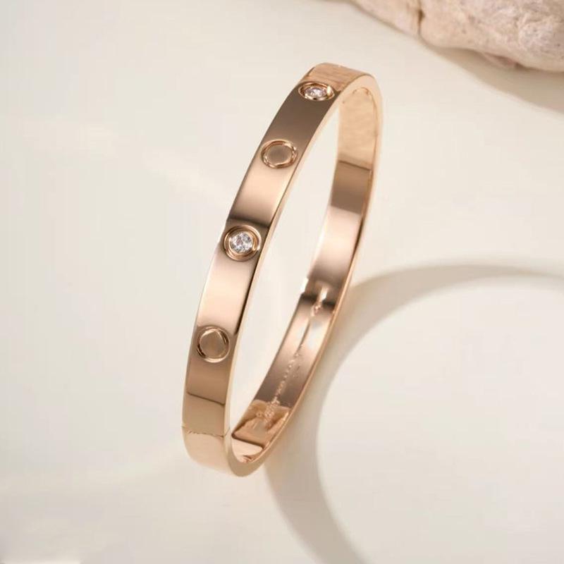 18K Gold Diamond-Inlaid Titanium Steel Bracelet, Women's Niche Luxury Design, Stainless Steel Hollow Letter Style.