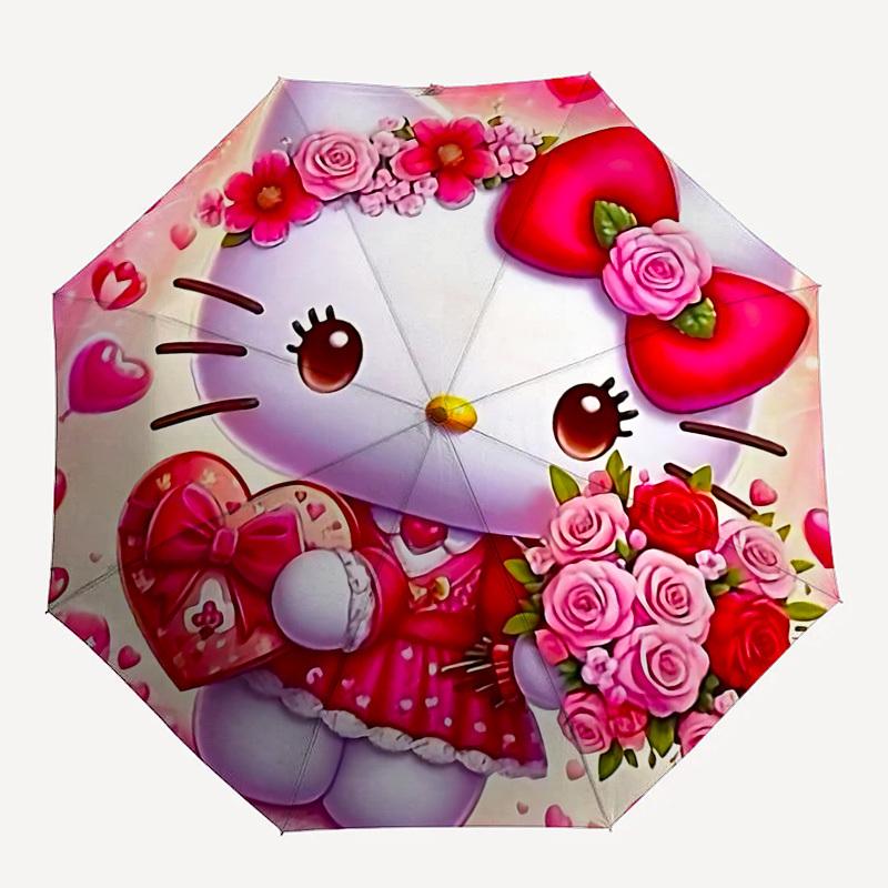

1pc Hello Kitty, Flowers umbrella automatic open/close, 8-Rib Durable Frame, Compact Folding Design, Ideal Birthday/Holiday Gift e1193A
