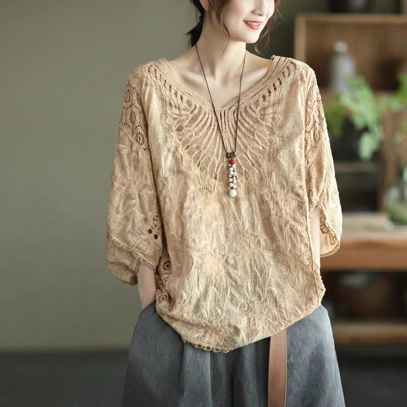 Damen Neu Stickerei Oberbekleidung Schal Sonnenschutz Bluse Damen Ausgeschnitten Spitze Oberteil Locker Lässig Einfaches Hemd Süß V-Ausschnitt Elegante Kleidung