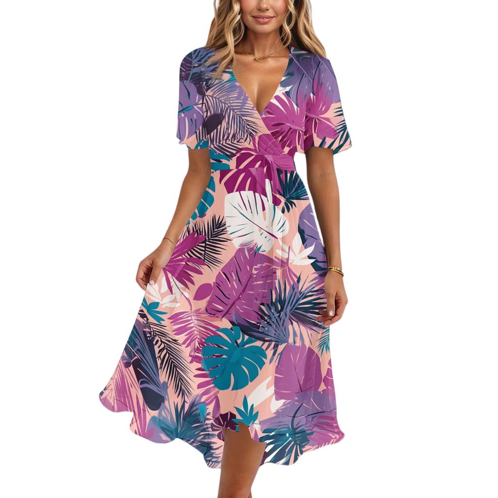 Women's Fashion Casual V Neck Short Sleeve Ruffled Vintage Printed Dresses