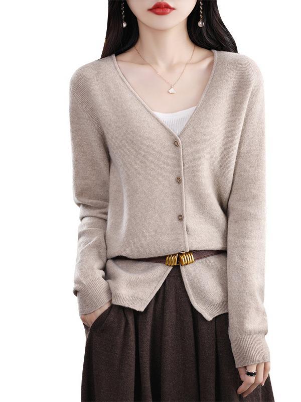 Women's V-Neck Wool Sweater Cardigan - Solid Color, Buttoned, Versatile Casual Outerwear for Spring and Autumn