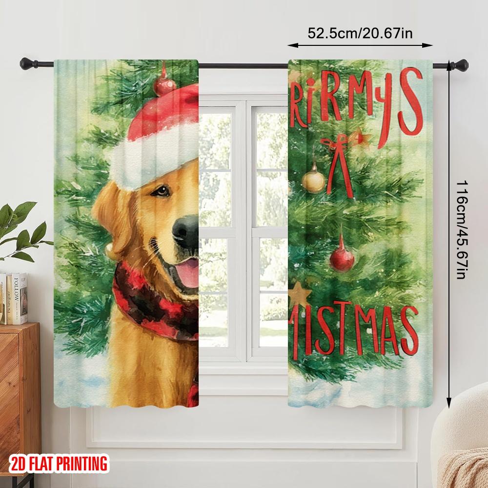 2pcs,2D Plane Printing Curtains Digital Printed Christmas Dog Versatile Fabric (without Rod) All Seasons Ldeal for Living Room,