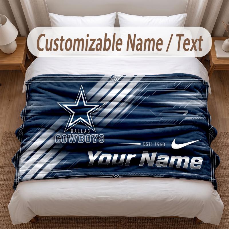 Dallas Cowboys Printed Flannel Blanket Custom Name Text Soft Warm Throw For Bedroom Holiday Gift