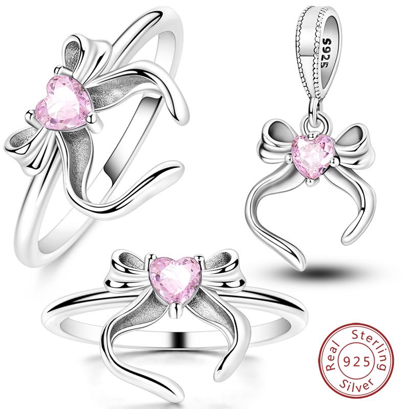 925 Silver Butterfly Knot Pink Heart Zircon Jewelry Set Pendant Ring Fine Birthday Gift For Girls