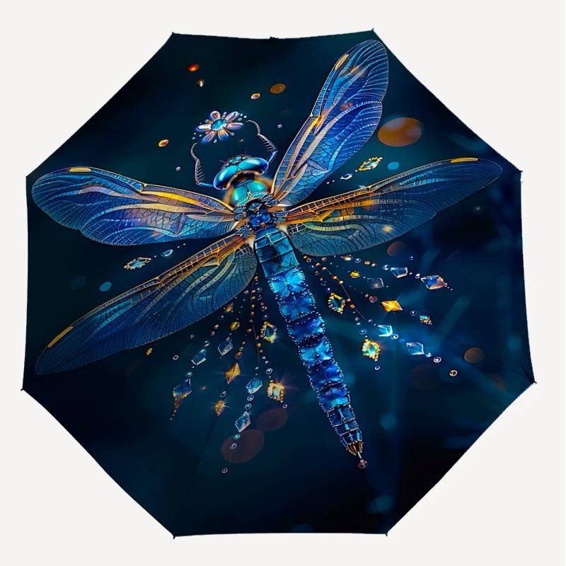 1PC Dragonfly Glitter Automatic Open/Close Umbrella with Windproof, 8-Rib Sturdy Canopy, Durable Ribs, Fashionable Design, Outdoor Accessory, Fun Prin