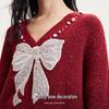 Veromoda Women's Loose Fit V-Neck Wool Blend Knit Sweater with Bow-Knot & Sequins