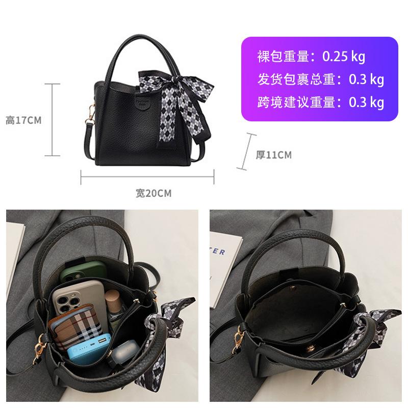 High-end small bag women's new trendy and versatile messenger bag casual bow lychee pattern portable mother bucket bag