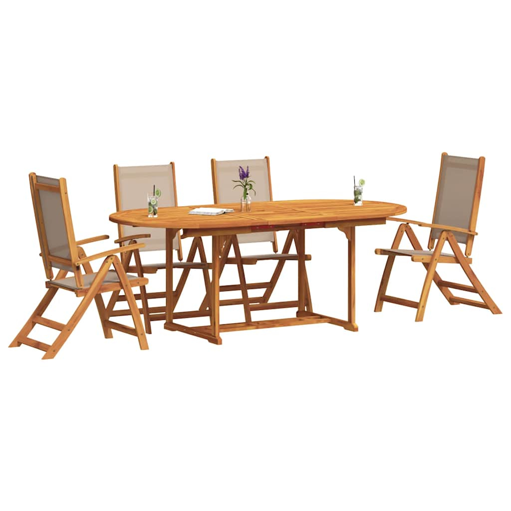 5 Piece Outdoor Dining Set Solid Acacia Wood Table & Textilene Chairs
