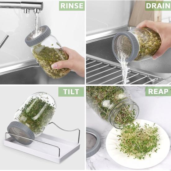 32Oz Sprouting Jar Kit 2 Wide Mouth Mason Jars with Stainless Steel Screen Lids Blackout Sleeves Stand Drip Tray Mason Jar Sprouting Set for Growing