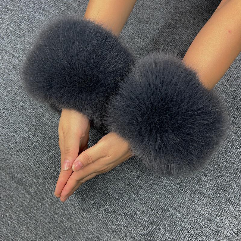 Mânuși de damă din blană artificială de iepure și vulpe, cu manșete strânse