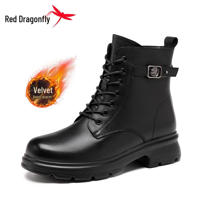 Red Dragonfly Women s Genuine Leather Martin Boots - Autumn/Winter 2025, Plus Velvet, British Style. 35