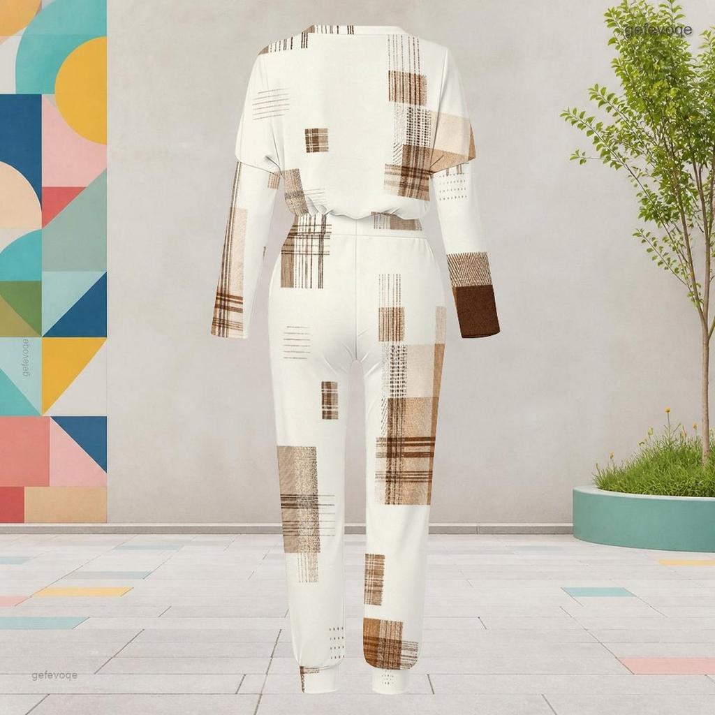 Women Plus Size Round Neck Long Sleeve Brown Plaid Printed Two Piece Set Cuffed Top Cuffed Pants With Pockets
