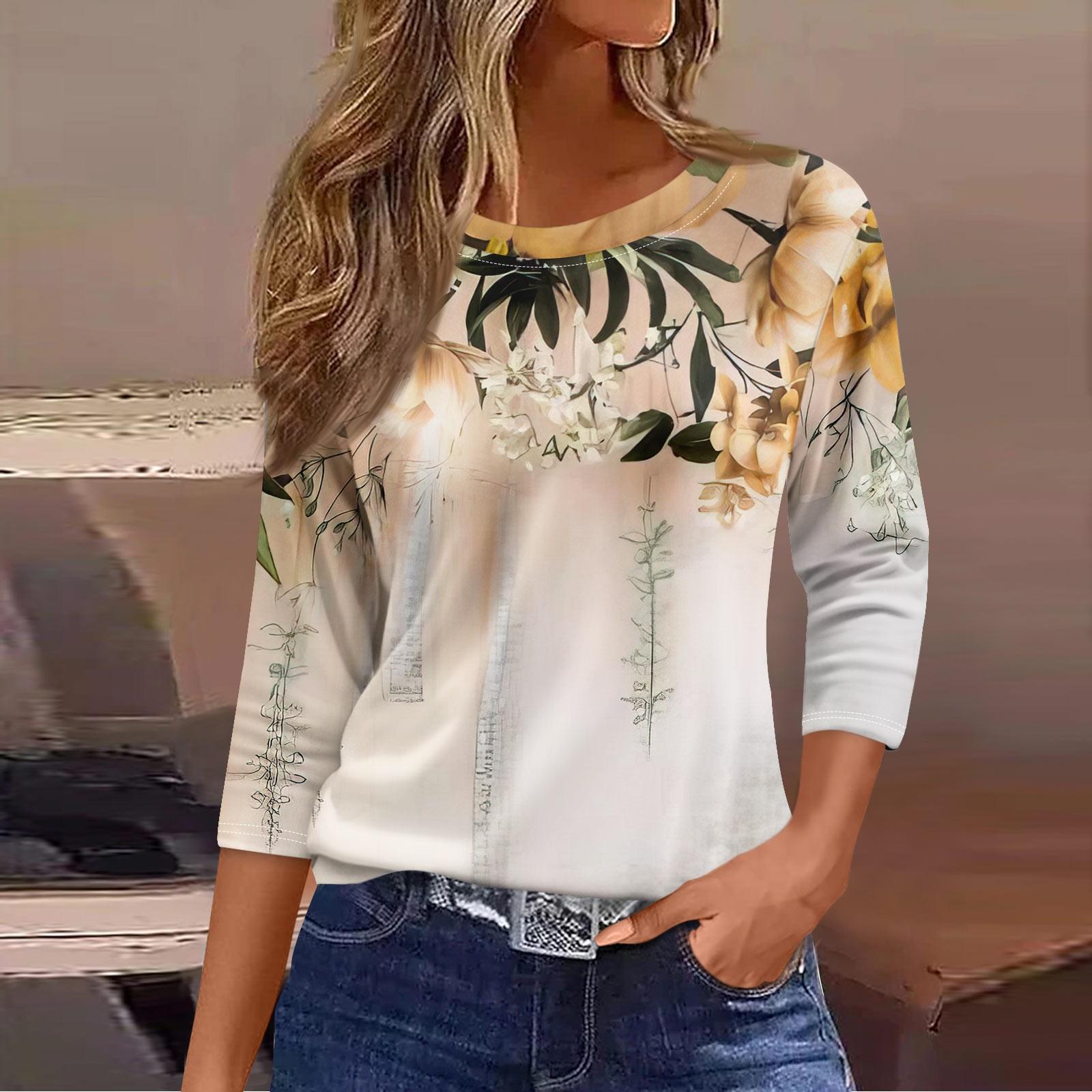 Женская модная повседневная свободная футболка с круглым вырезом и рукавами 3/4 с принтом — фото 8