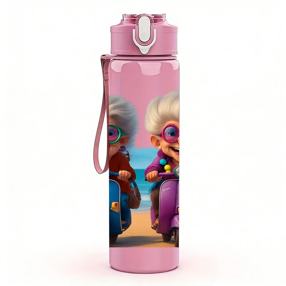 1PC Two Elderly Ladies Cartoon Print 750ml Color Plastic Sports Water Bottle Leakproof Flip Straw Lid Suitable for Sports Office Home Use