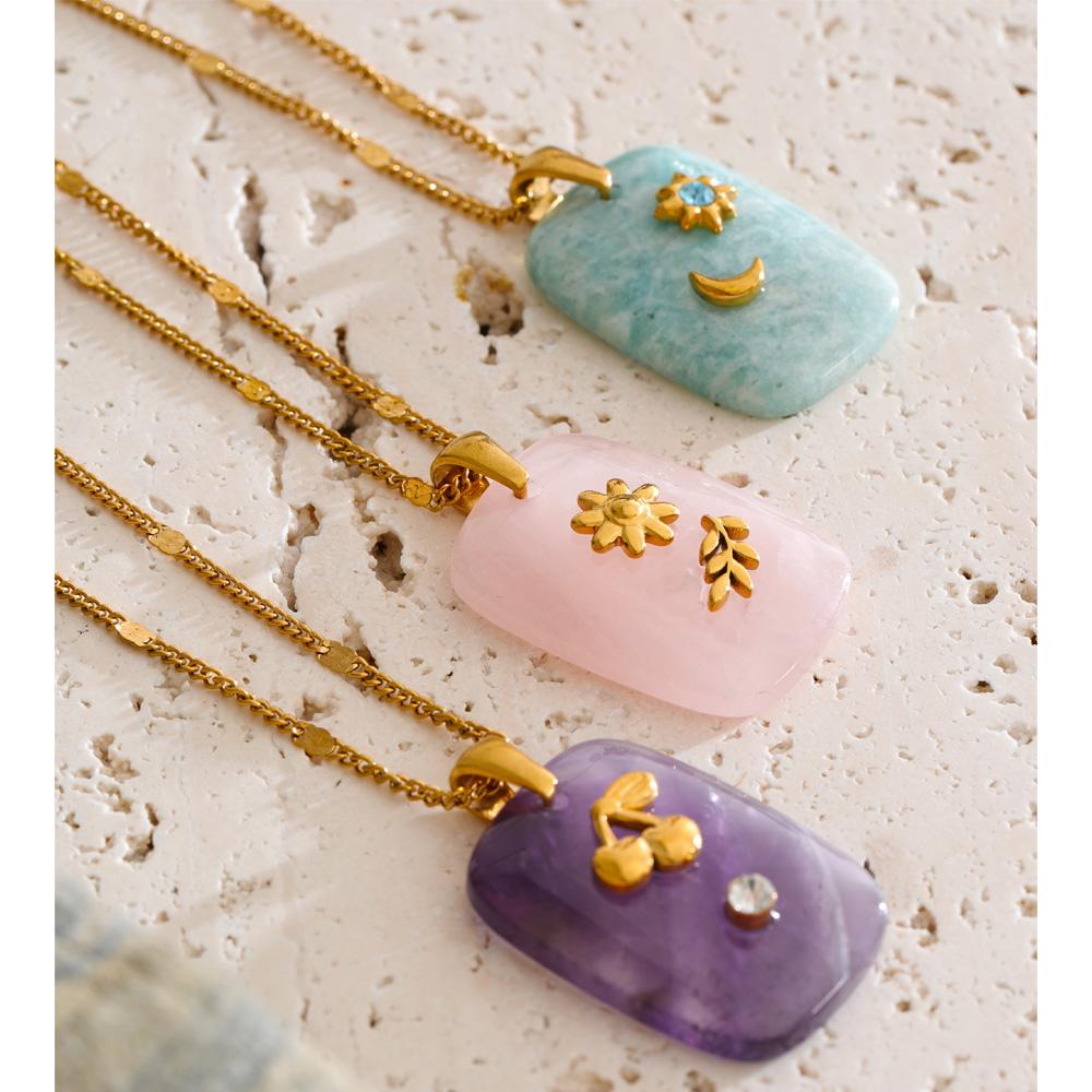 Yhpup Natural Stone Amazonite Amethyst Pink Quartz Star Moon Rectangle Pendant Necklace Stainless Steel French Jewelry Gift